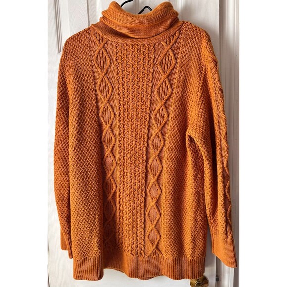 LL Bean Signature Women's Funnelneck Sweater Size XL Cable Knit Mustard Gold - Picture 2 of 9